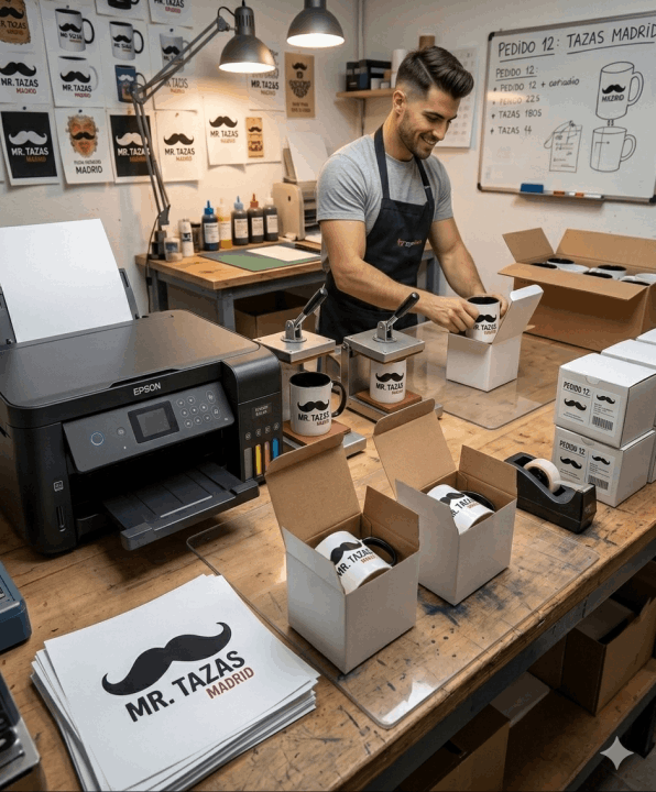 Imprenta de tazas personalizadas con envío rápido en Madrid.