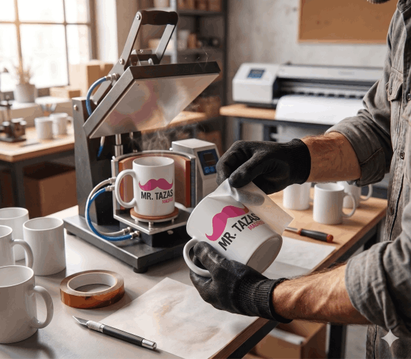 Proceso de sublimación de tazas mate en Madrid con revisión manual y control de calidad técnico