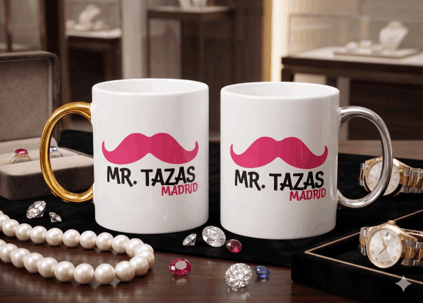 Taza de cerámica con asa dorada y plateada personalizada en Madrid.