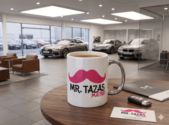 Taza de sublimación metálica personalizada con logo corporativo en Madrid.