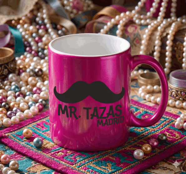 Taza perlada de colores vibrantes sublimada en Madrid.