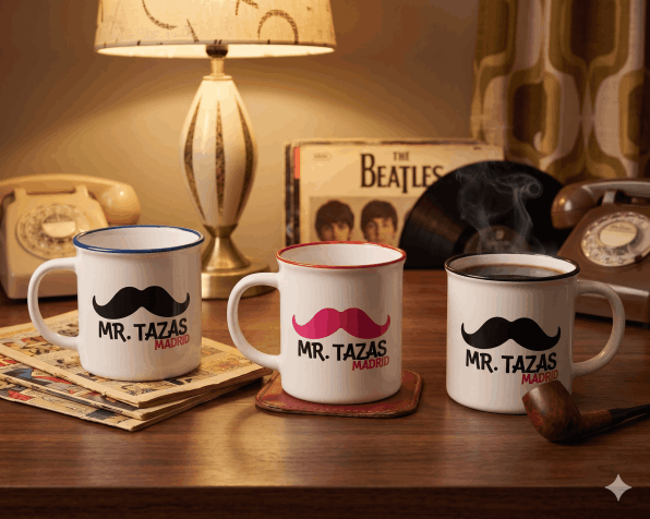 Taza vintage personalizada con borde esmaltado en Madrid.