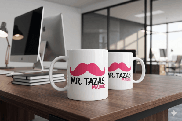 Tazas corporativas personalizadas con acabado brillante en entorno de oficina moderna