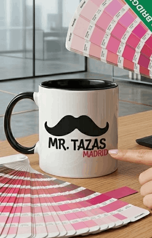 Taza personalizada de cerámica con muestrario de color pantone en taller de impresión de Madrid