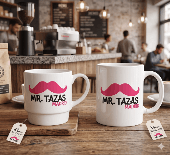 Tazas apilables y estándar personalizadas para cafeterías en Madrid.